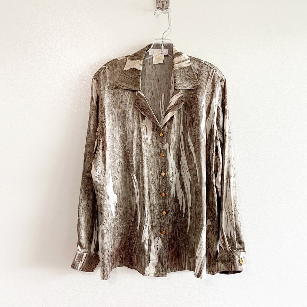 Escada Silk Blouse Taupe Cream Marble Print Button Up Shirt Top Size 44 14 - Picture 1 of 10
